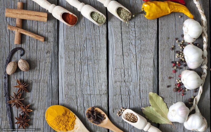 Spices and Herbs on Wood — Brown, Calm, Photograph, Garlic