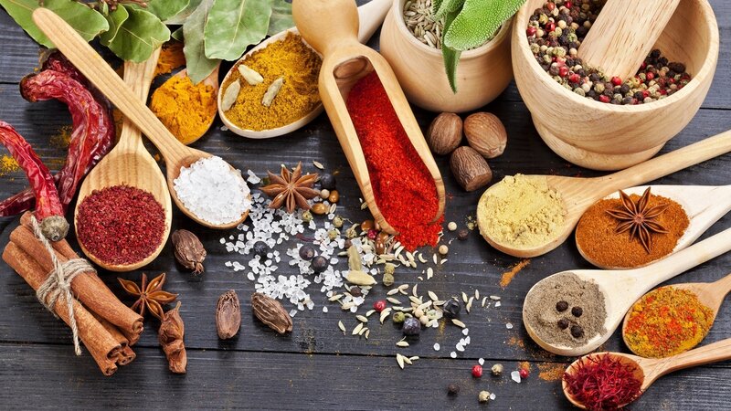 Spices and Herbs on Wood — Brown, Earthy, Photograph