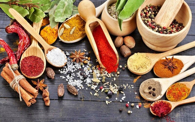 Spices and Herbs on Wood — Brown, Earthy