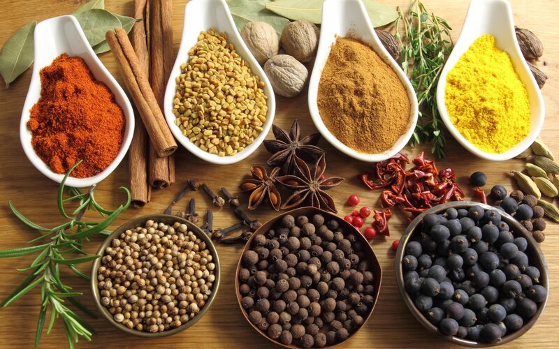 Spices and Herbs on Wood — Brown, Natural