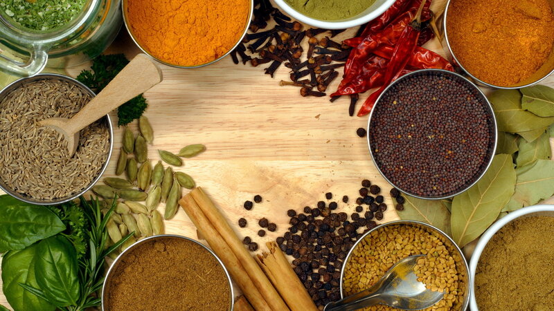Spices and Herbs on Wood — Brown