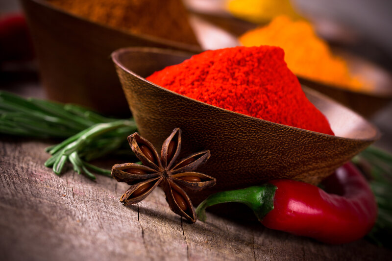 Spices in Wooden Bowl — Red, Dramatic