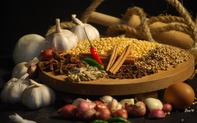 Spices on Wooden Board — Brown