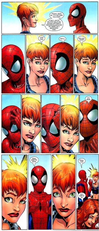 Spider-Man and a woman talking