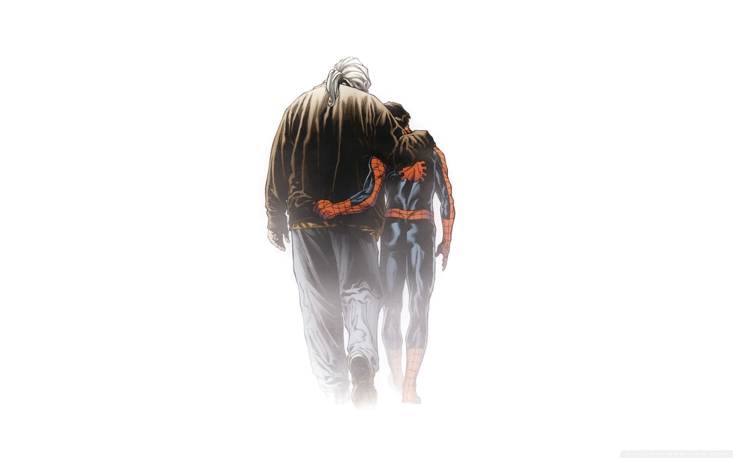 Spider-Man and an elder walking together