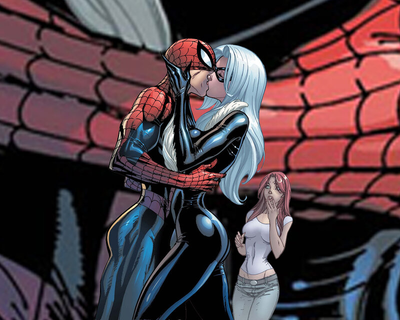 Spider-Man and Black Cat kiss
