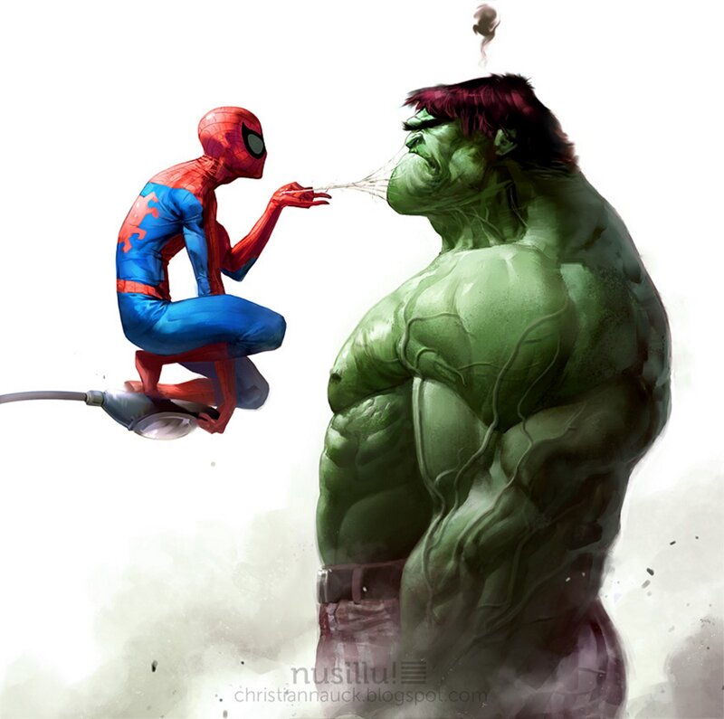 Spider-Man and Hulk — Green, Dramatic, Digital Art, Web