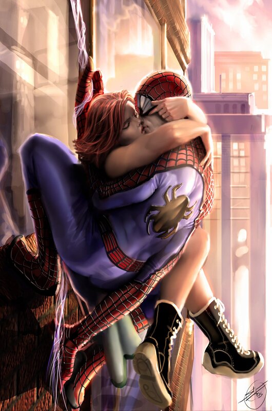 Spider-Man and Mary Jane kiss