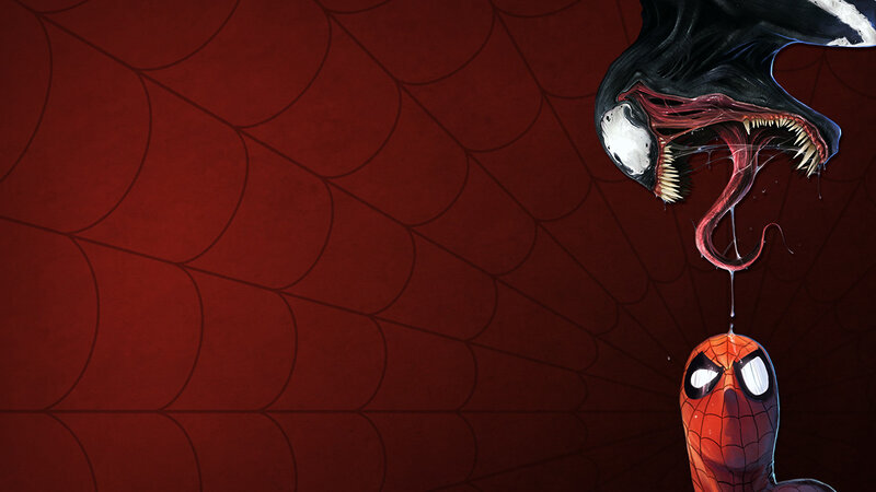 Spider-Man and Venom — Red, Dramatic, Digital Art, Web Pattern