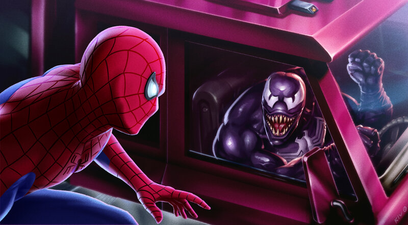 Spider-Man and Venom — Red, Dramatic, Night