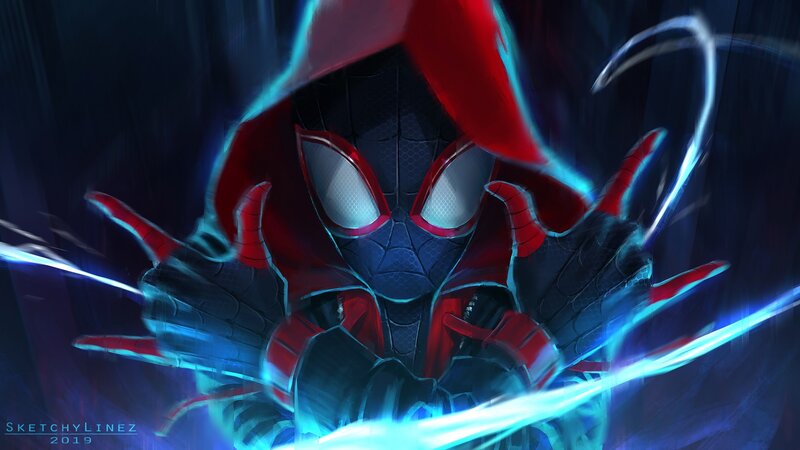Spider-Man Character — Black, Dramatic, Night, Digital Art, Red Hood