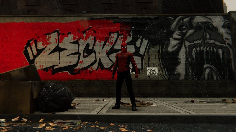 Spider-man Character — Red, Dark, Rainy