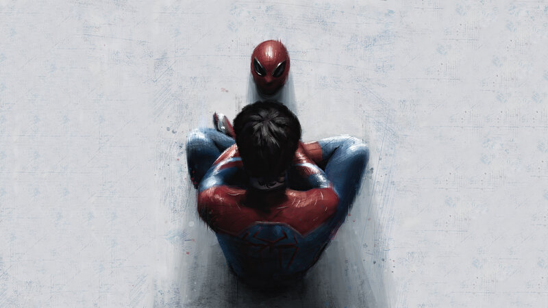 Spider-Man Character — Red, Dramatic, Digital Art, Mask, Wall