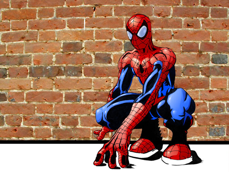 Spider-Man crouching by brick wall
