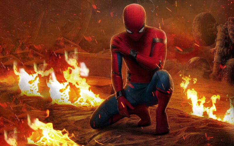 Spider-man Crouching — Red, Dramatic, Digital Art, Fire
