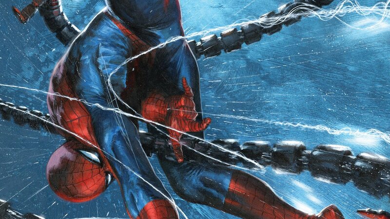 Spider-Man Fighting Robot — Red, Dramatic, Comic