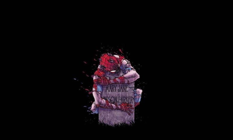 Spider-Man grieving at a grave