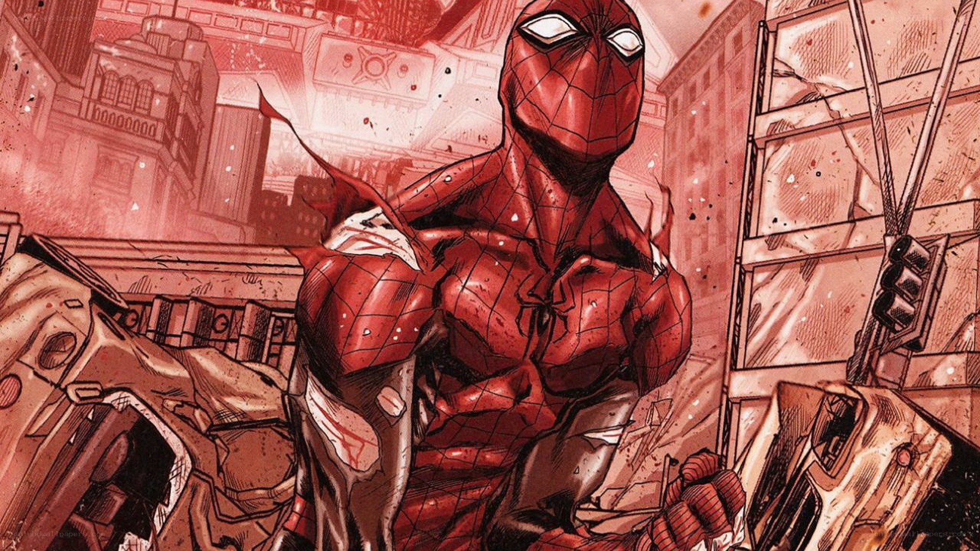 Spider-Man in a damaged suit