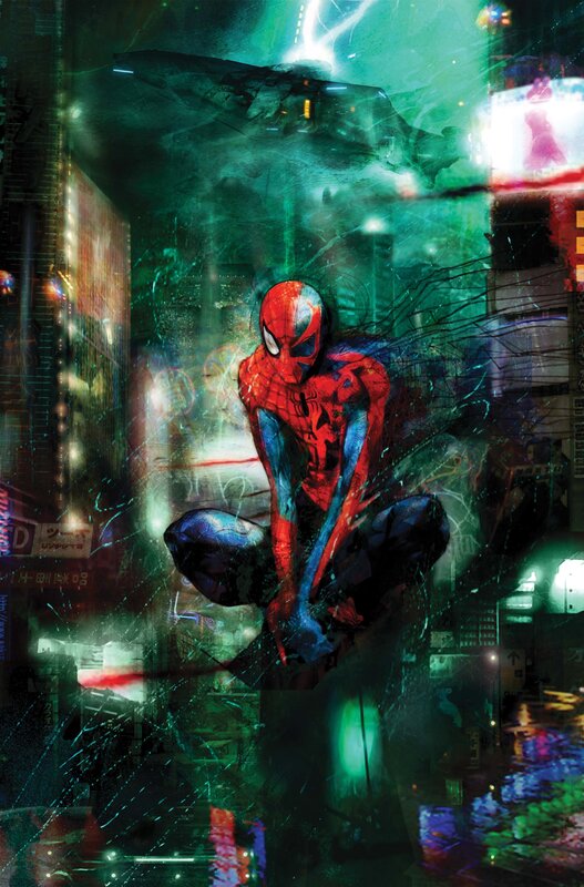 Spider-Man in a neon city