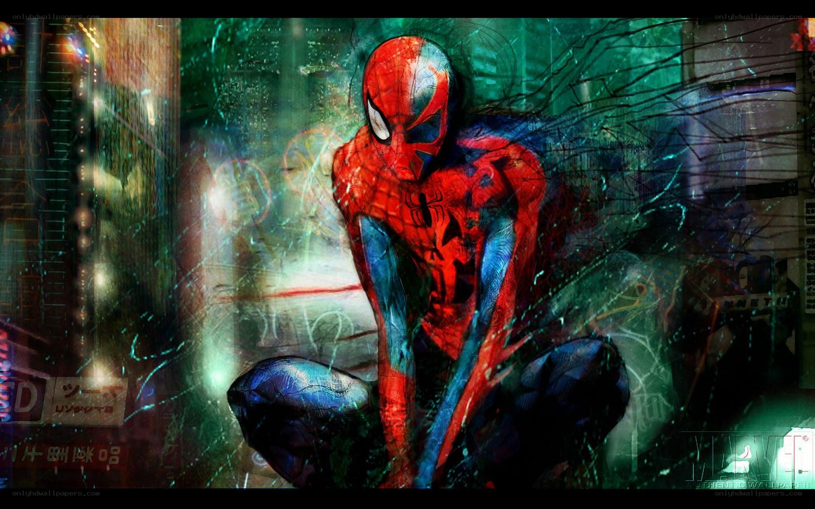 Spider-Man in a neon city