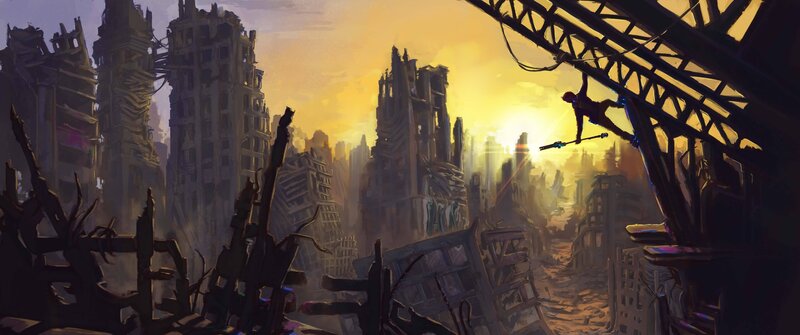 Spider-Man in a ruined city