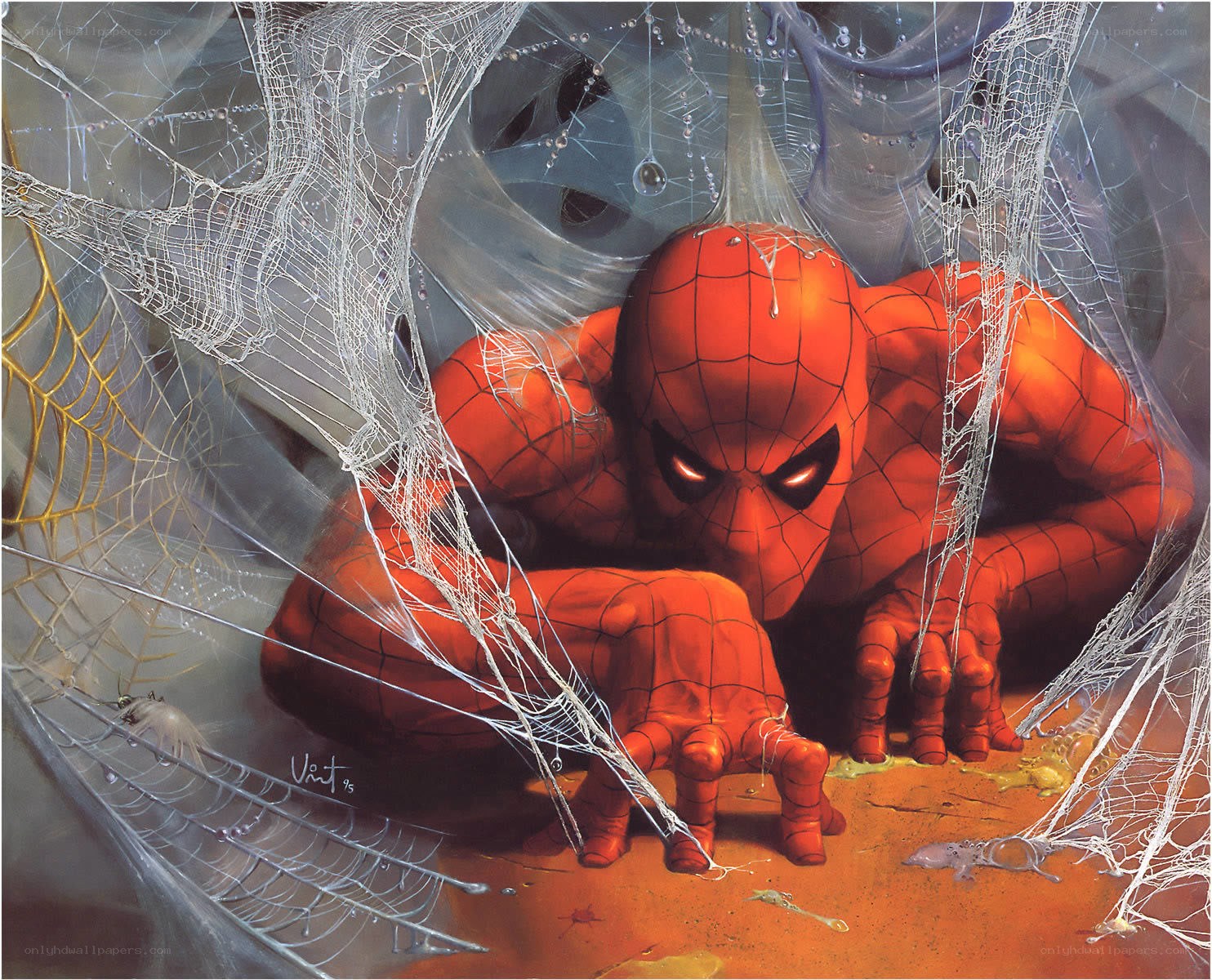 Spider-Man in a web-covered cave