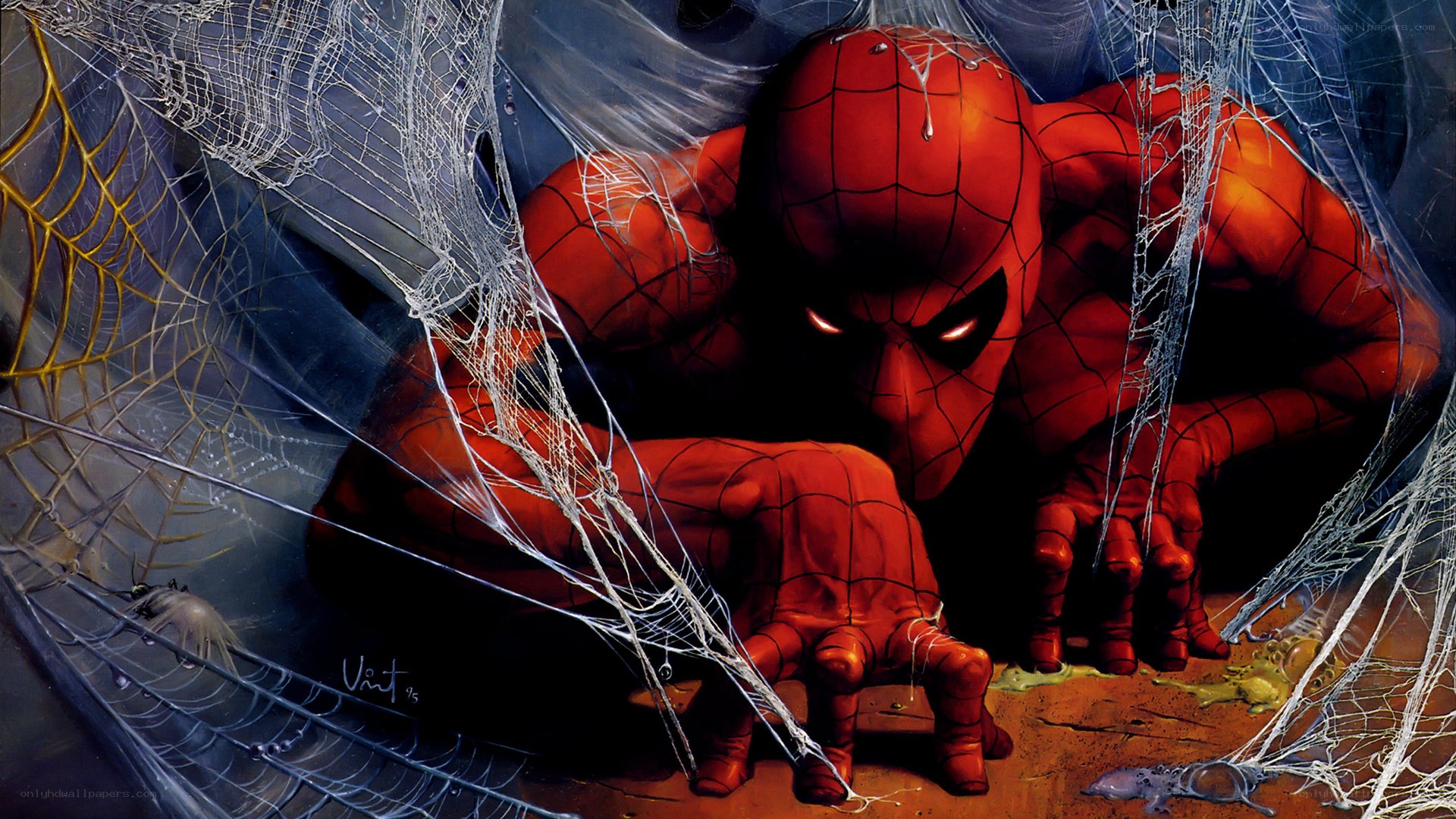 Spider-Man in a webbed tunnel