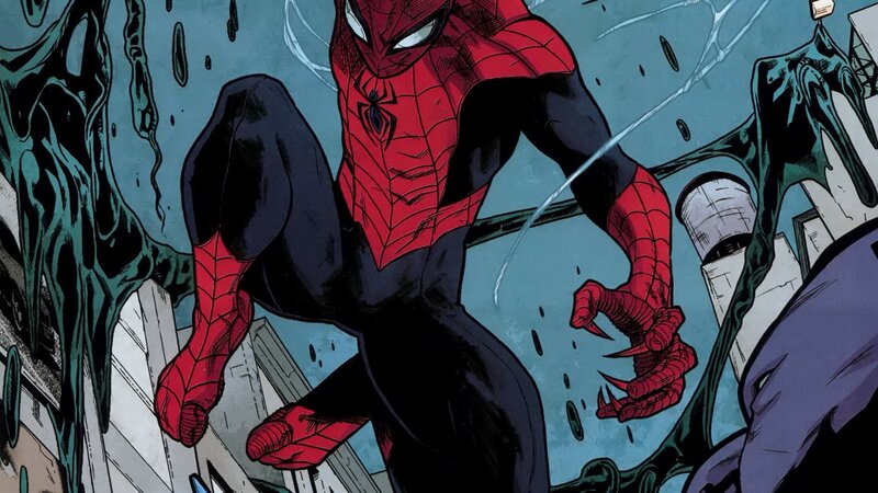 Spider-Man in Action — Red, Dramatic, Comic, Web, Cityscape