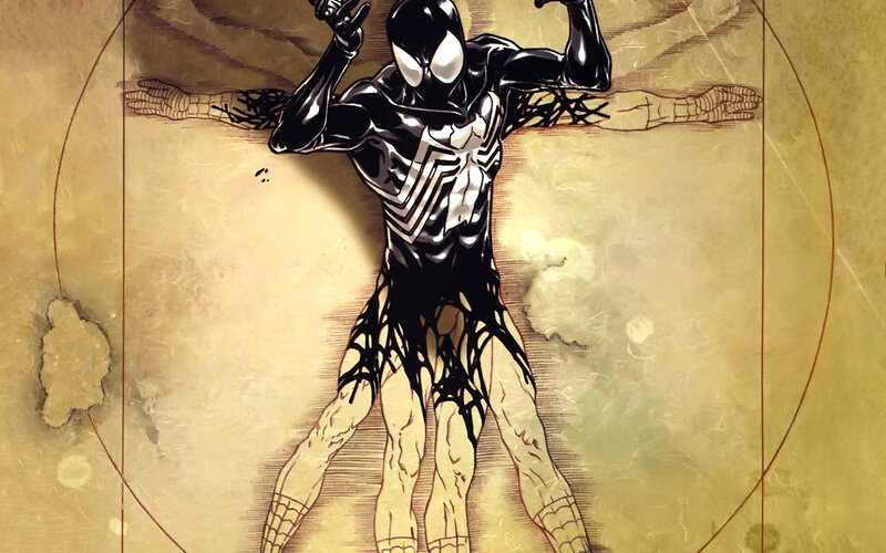 Spider-Man in Black Suit — Dramatic, Comic, Crucifixion Pose, Vitruvian Man