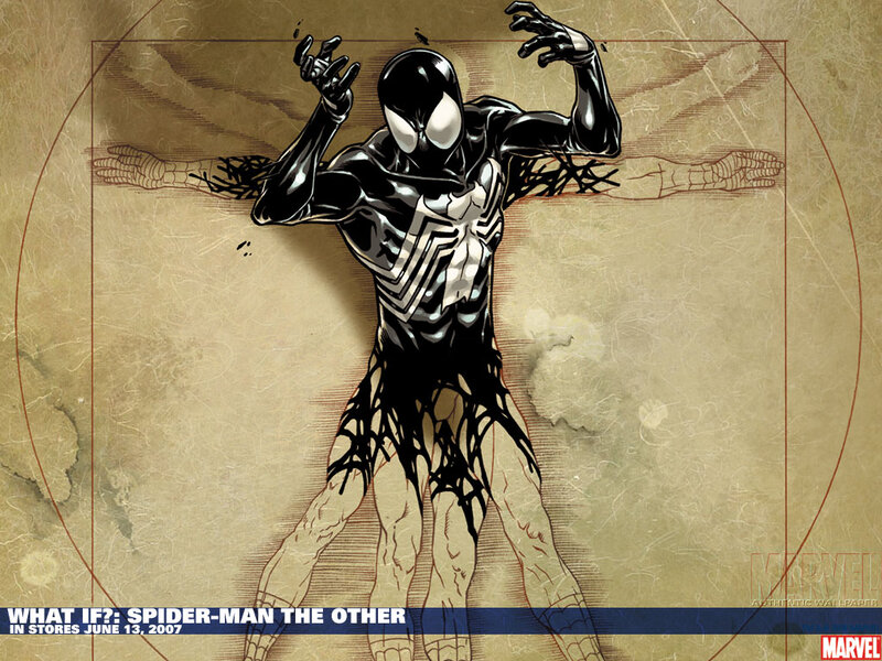 Spider-Man in Black Suit — Dramatic, Comic, Vitruvian Man, Marvel Logo