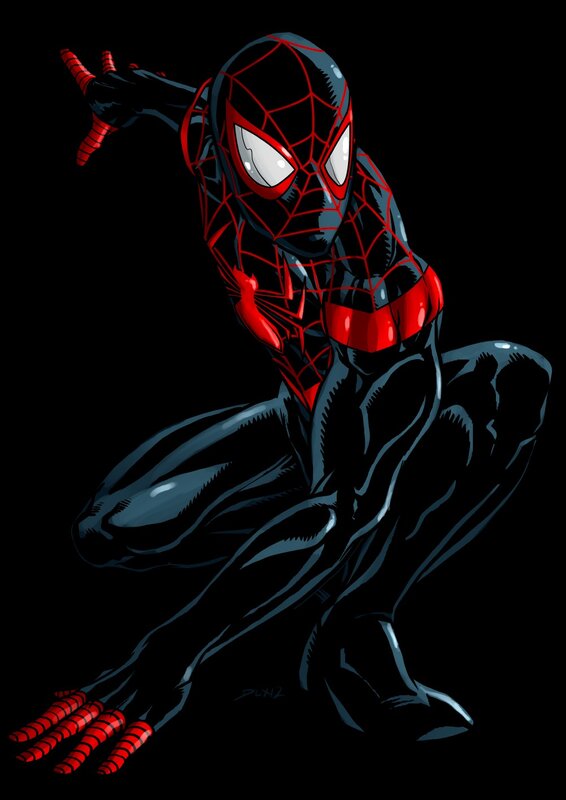 Spider-man in Black Suit — Dramatic, Digital Art, Web Pattern, Crouching