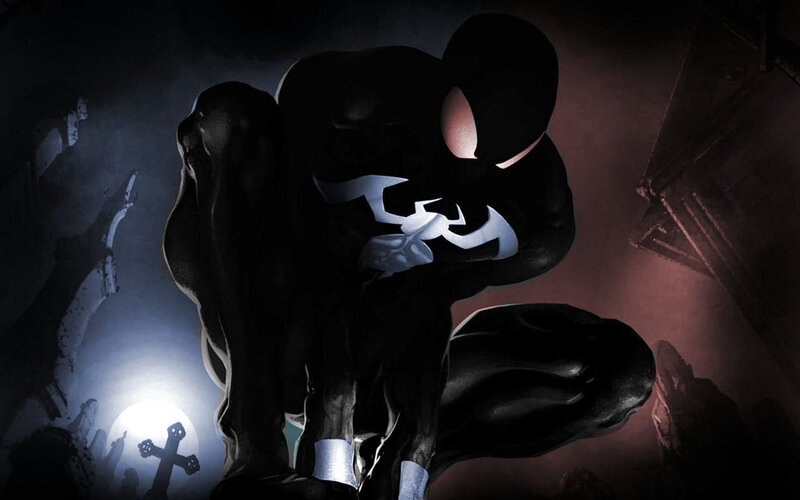 Spider-man in Black Suit — Dramatic, Night, Comic, Crosses