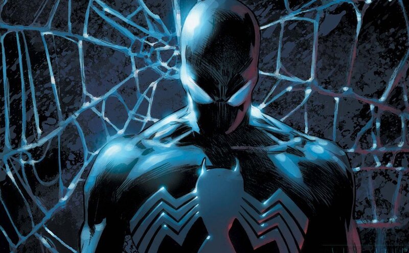 Spider-man in Black Suit — Dramatic, Night, Comic, Web Pattern, Blue Light
