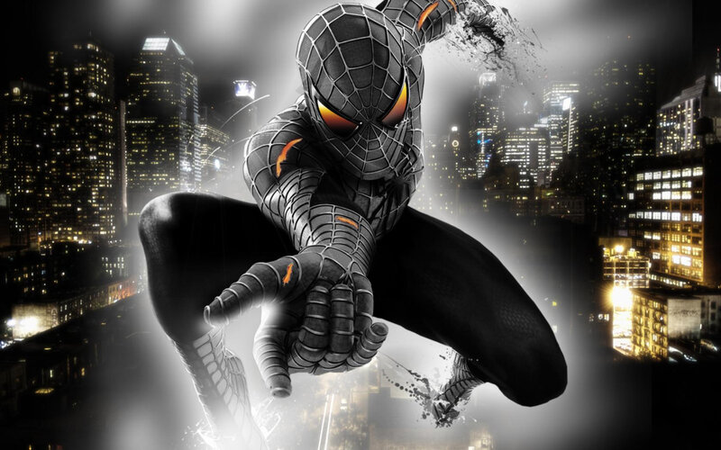 Spider-man in Black Suit — Dramatic, Night, Digital Art, City Skyline