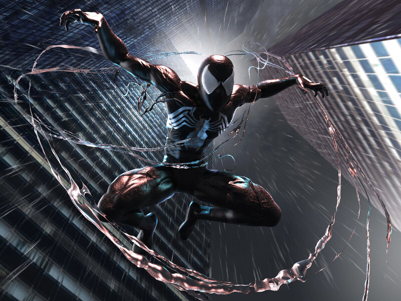 Spider-man in Black Suit — Dramatic, Night, Digital Art, City