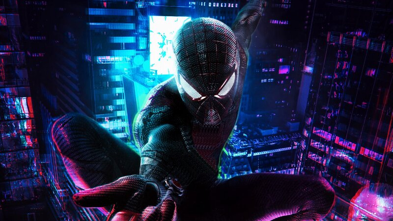 Spider-man in Black Suit — Dramatic, Night, Digital Art, Cityscape, Neon Lights