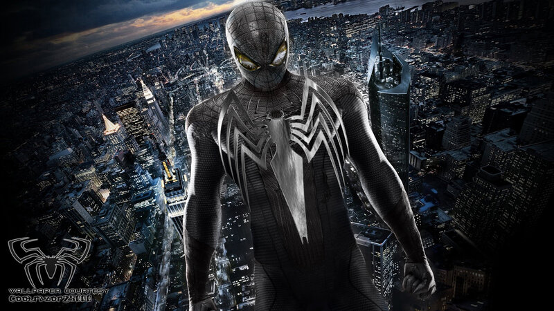 Spider-man in Black Suit — Dramatic, Night, Digital Art, Cityscape