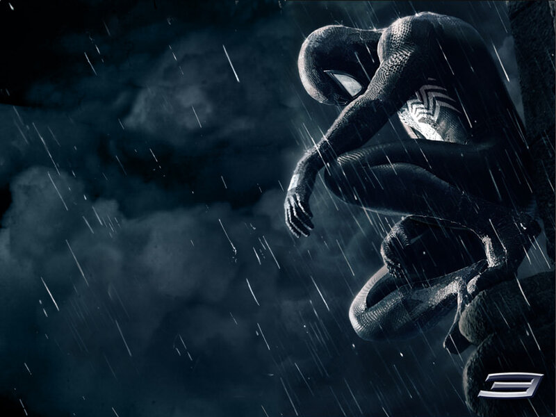Spider-man in Black Suit — Dramatic, Night, Digital Art, Rain, Clouds