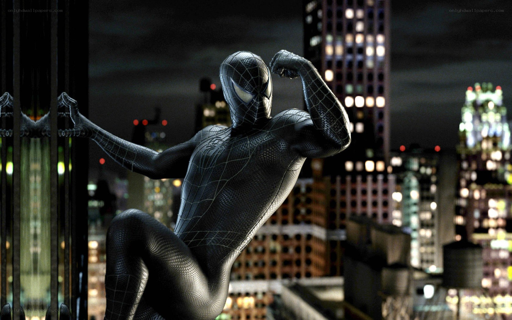Spider-Man in black suit on rooftop