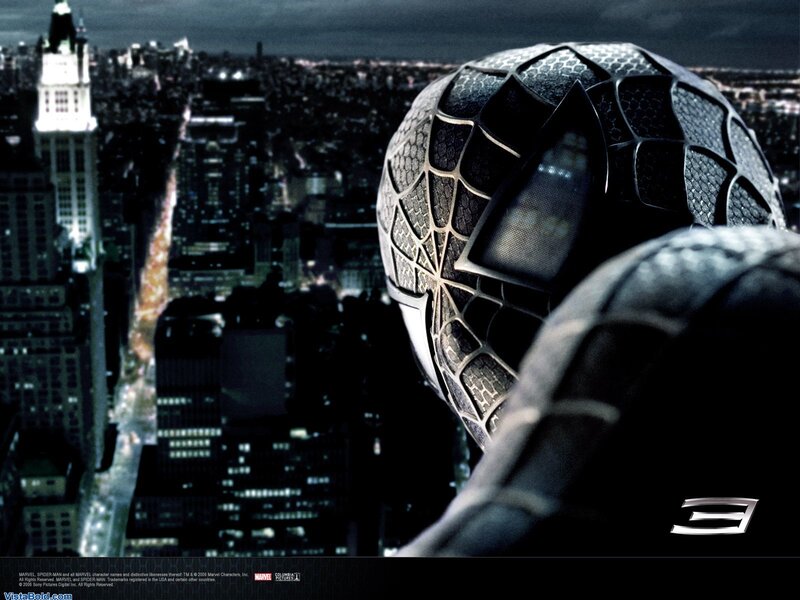 Spider-Man in black suit overlooking city