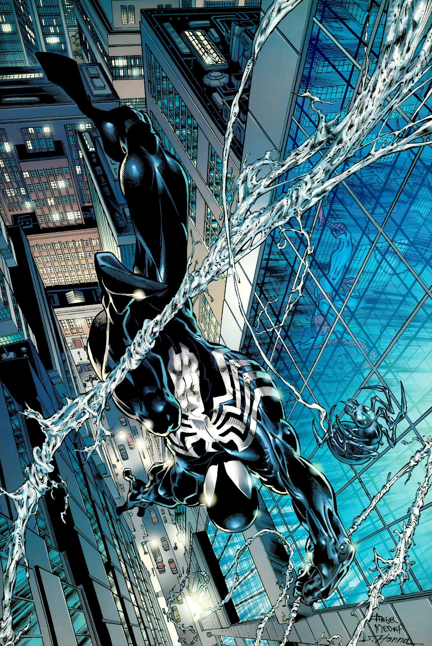 Spider-Man in black suit swinging