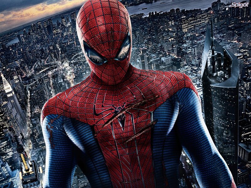 Spider-man in City — Red, Dramatic, Night, Digital Art, Cityscape, Skyscrapers, Blue, Black, Spigot
