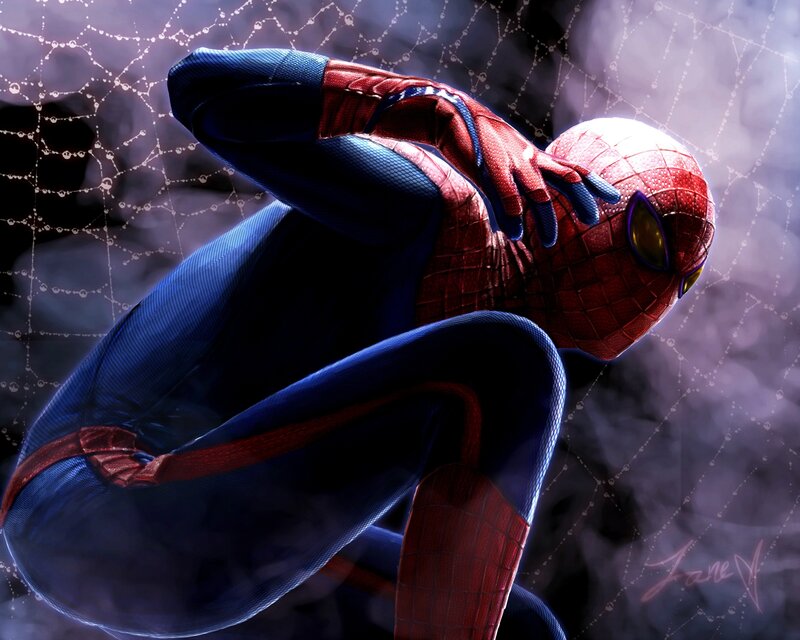 Spider-man in Crouched Pose — Red, Dramatic, Digital Art, Webbing
