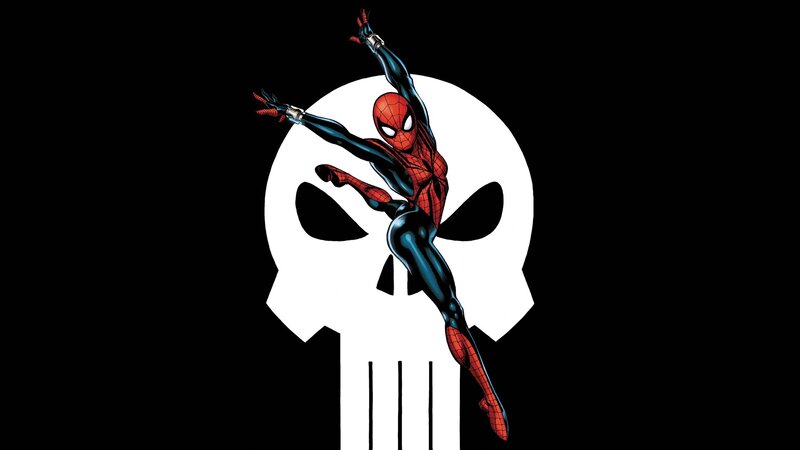 Spider-Man in front of Punisher skull