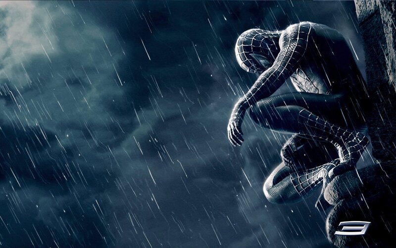 Spider-man in Rain — Black, Dramatic, Night, Digital Art, Building, Gray, Blue