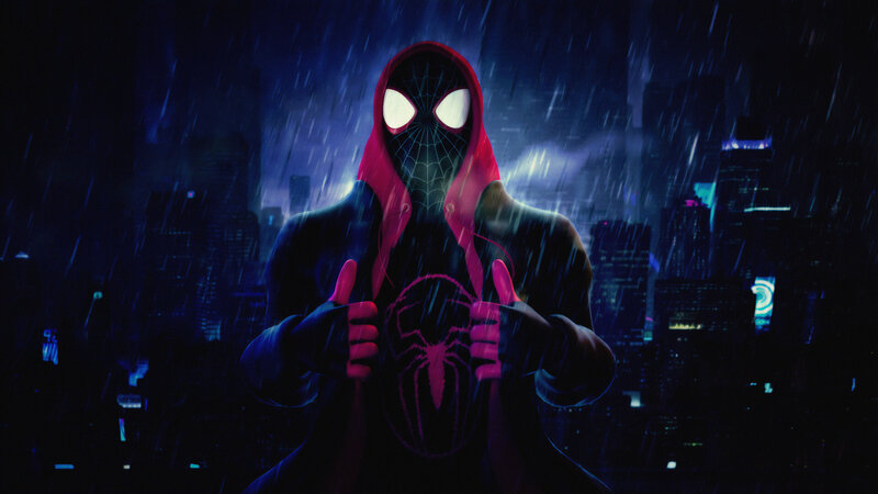 Spider-Man in Rain — Black, Dramatic, Night, Digital Art, Cityscape