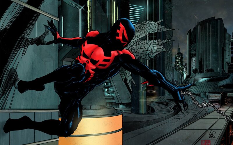 Spider-man in Red Suit — Black, Dramatic, Night, Comic, Cityscape, Web