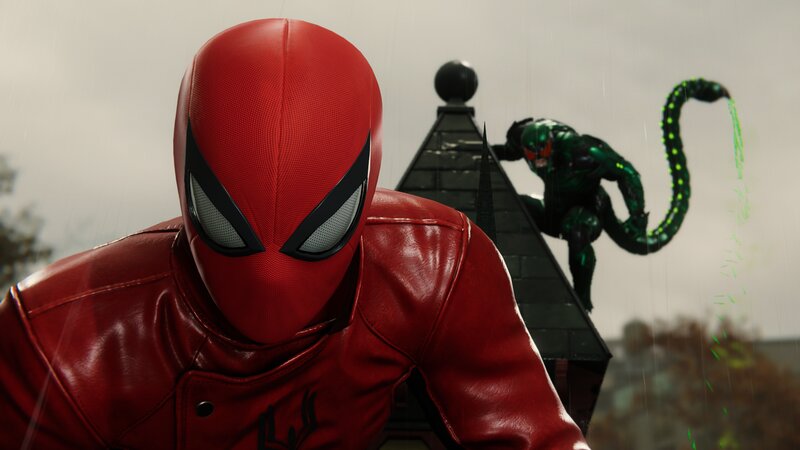 Spider-man in Red Suit — Dramatic, 3d Render, Green Villain