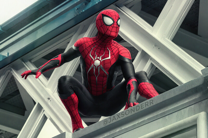 Spider-man in Red Suit — Dramatic, Digital Art, Building
