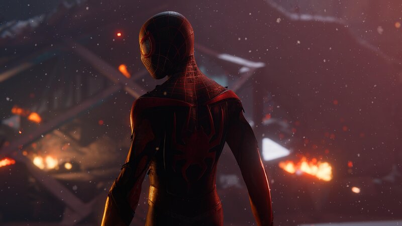 Spider-man in Red Suit — Dramatic, Night, 3d Render, Fire, Debris
